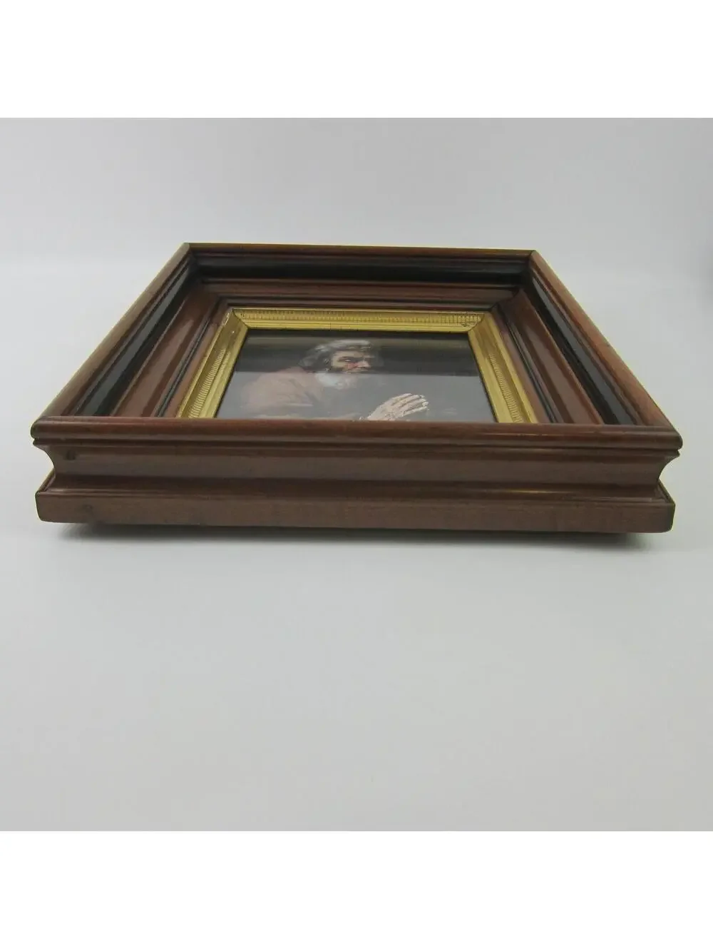 Antique Victorian Deep Picture Frame Walnut Wood Gold Gilt Old Man Praying Print